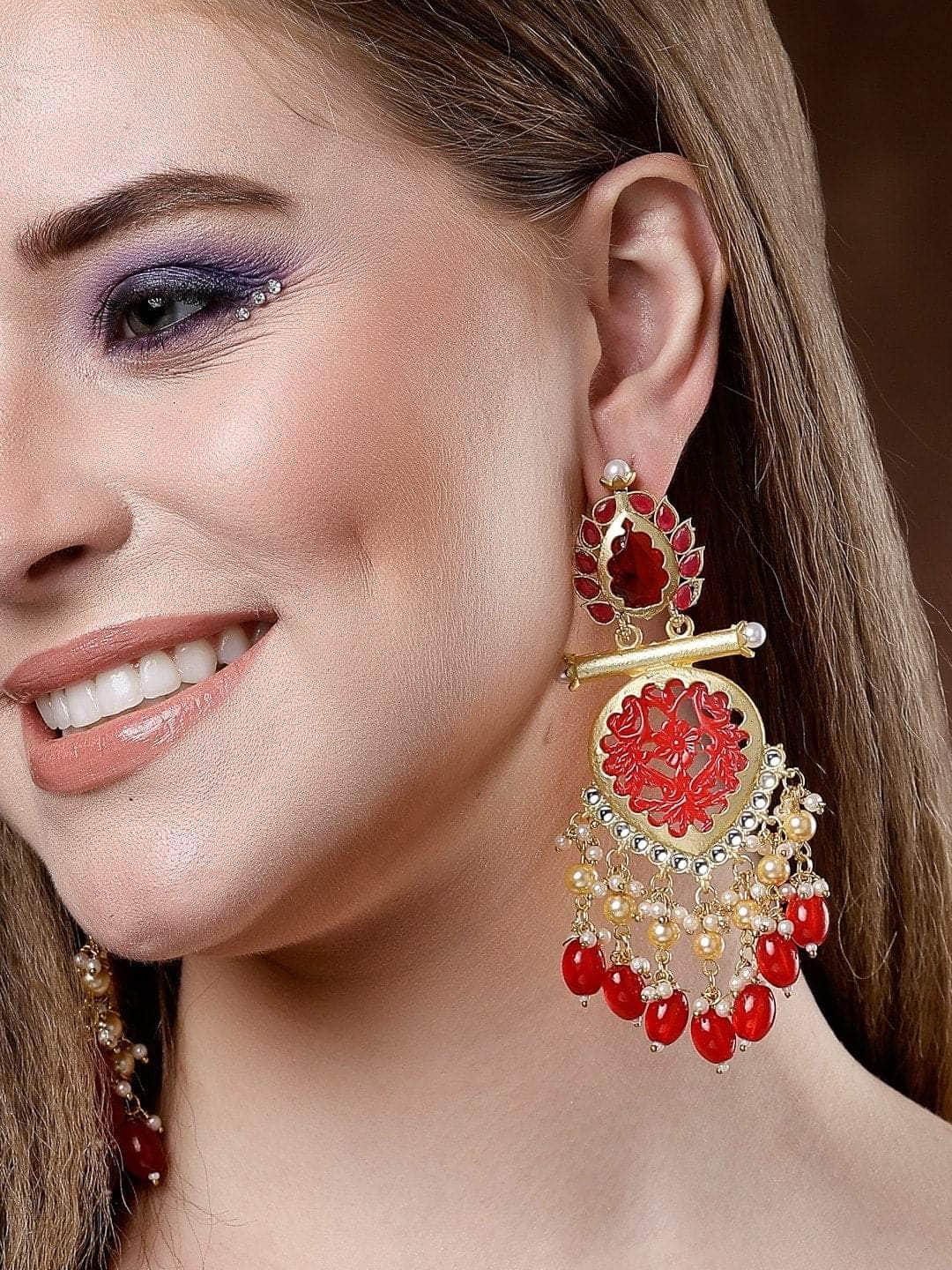 Stone and Pearls Studded Handcrafted Design Gold Plated Aishwarya Earrings