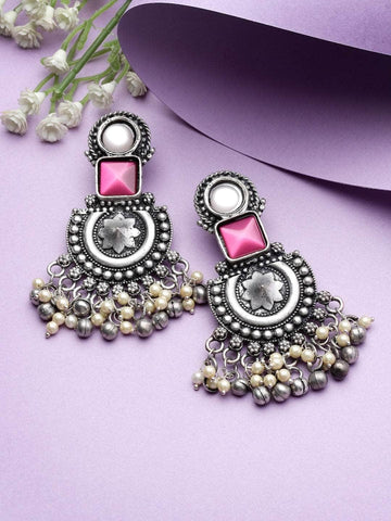 Mirrors & Pearls Studded Afghan Tribal Design Oxidised Silver Plated Antique Chandbalis