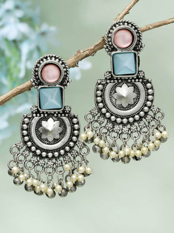 Mirrors & Pearls Studded Afghan Tribal Design Oxidised Silver Plated Antique Chandbalis