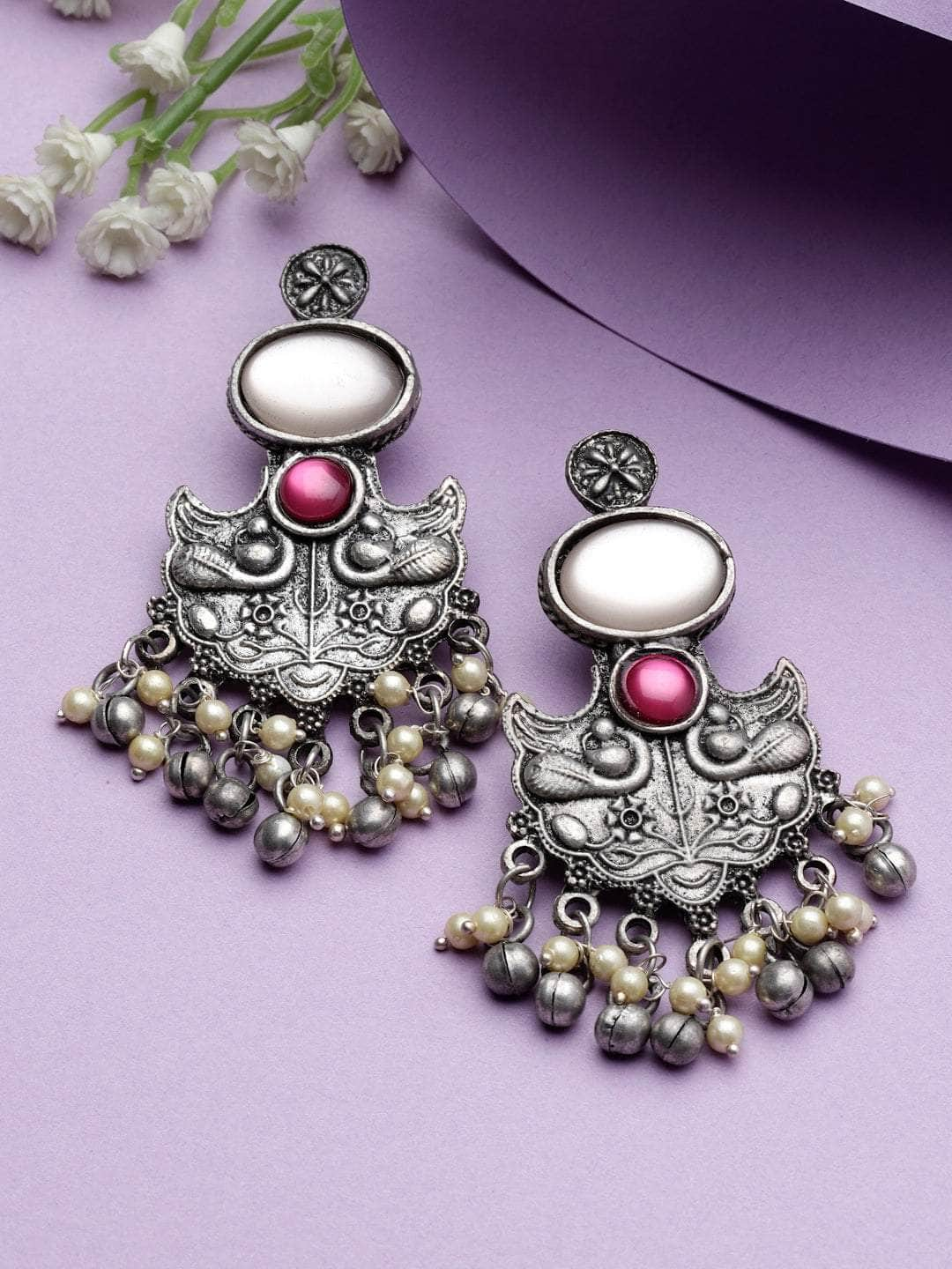 Mirrors & Pearls Studded Peacock Shape Oxidised Silver Plated Antique Tribal Chandbalis