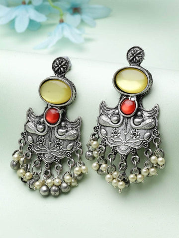 Mirrors & Pearls Studded Peacock Shape Oxidised Silver Plated Antique Tribal Chandbalis