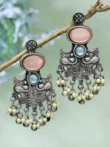Mirrors & Pearls Studded Peacock Shape Oxidised Silver Plated Antique Tribal Chandbalis