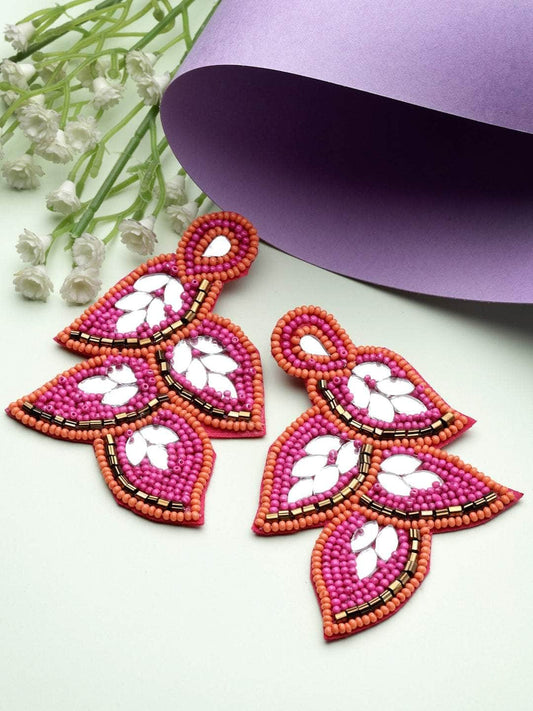 Mirrors & Beads Studded Contemporary Leaf Design Handcrafted Afghan Earrings