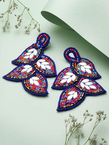 Mirrors & Beads Studded Contemporary Leaf Design Handcrafted Afghan Earrings