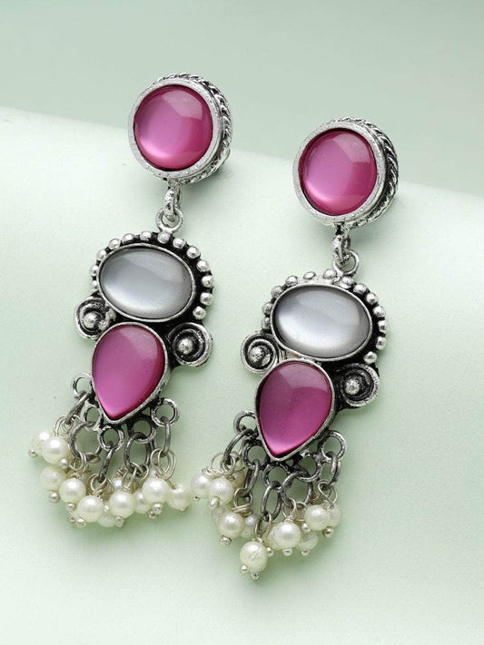 Mirrors & Pearls Studded Afghan Tribal Design Oxidised Silver Plated Antique Earrings