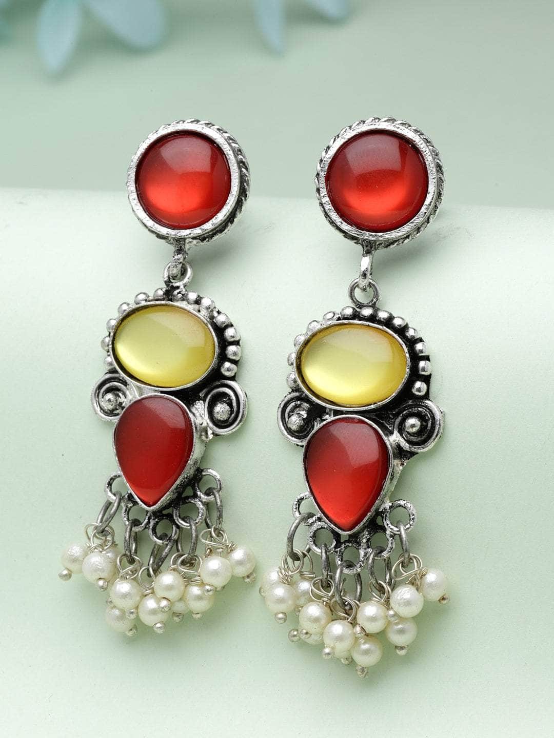 Mirrors & Pearls Studded Afghan Tribal Design Oxidised Silver Plated Antique Earrings