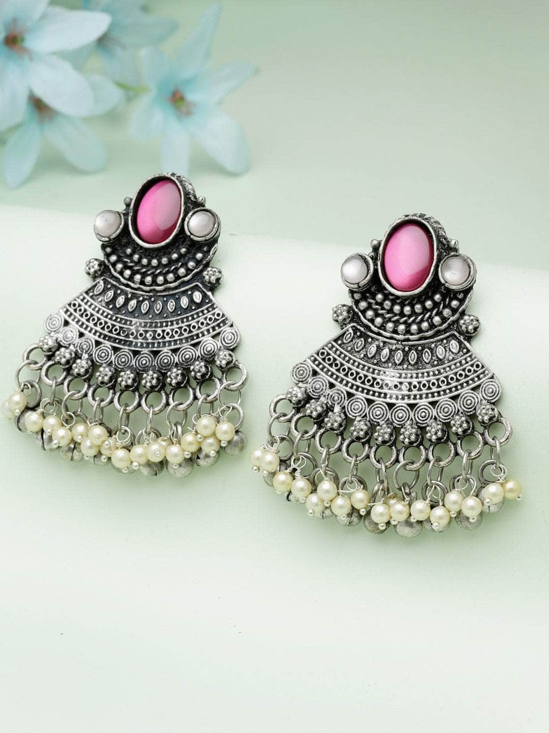 Mirrors & Pearls Studded Afghan Antique Design Oxidised Silver Plated Chandbalis