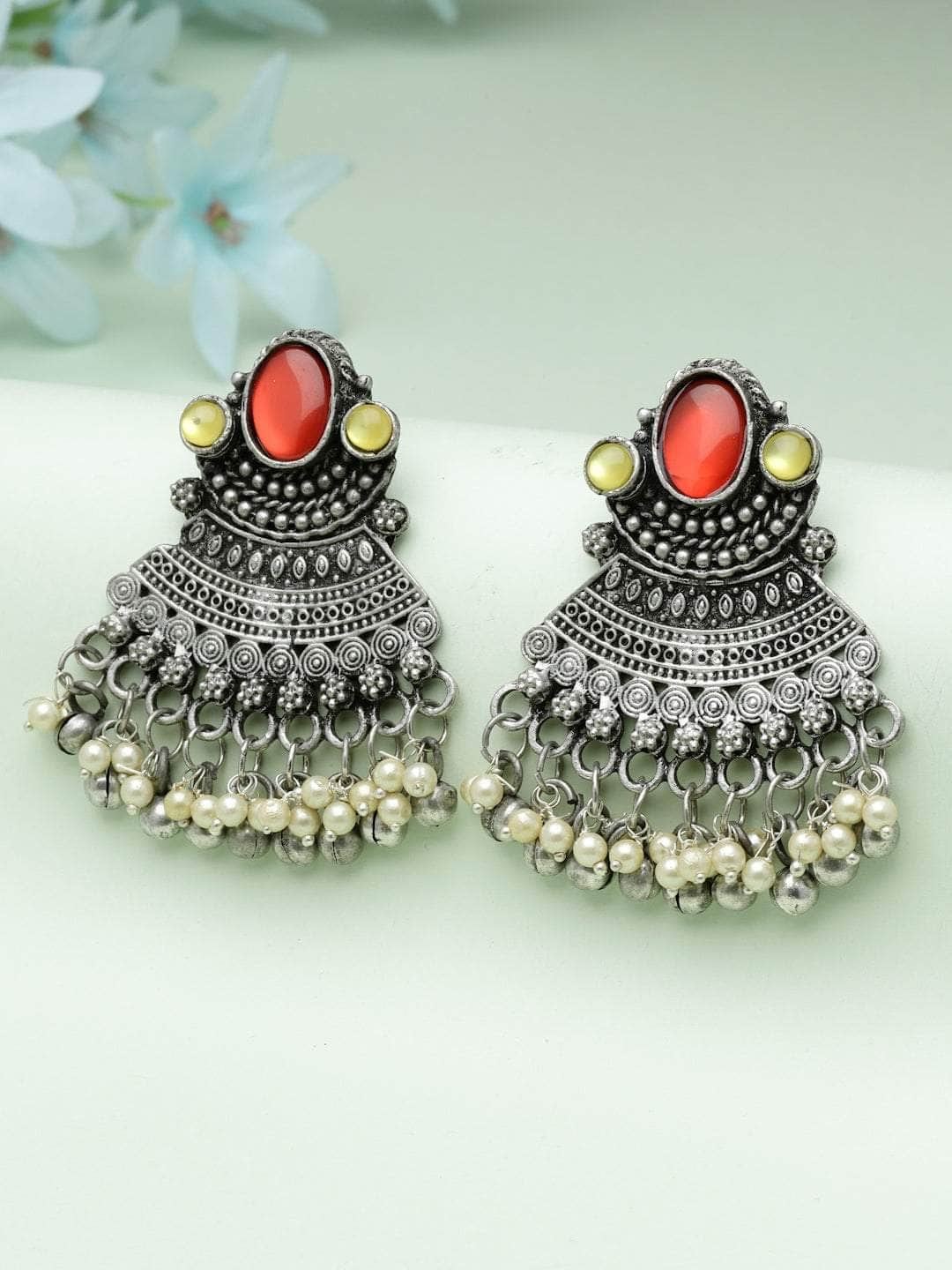 Mirrors & Pearls Studded Afghan Antique Design Oxidised Silver Plated Chandbalis