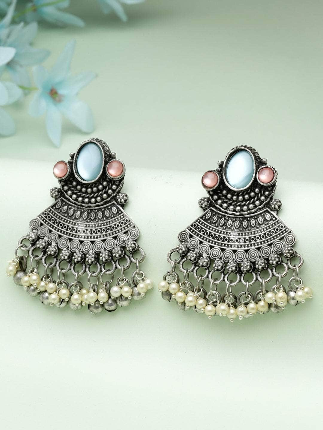 Mirrors & Pearls Studded Afghan Antique Design Oxidised Silver Plated Chandbalis