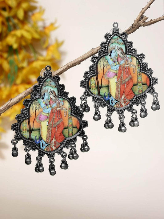 Handcrafted Ghungroo Studded Oxidised Silver Plated Radha Krishna Studs