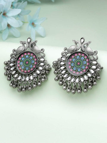 Stones & Ghungroo Studded Meenakari Work Oxidised Silver Plated Antique Tribal Studs