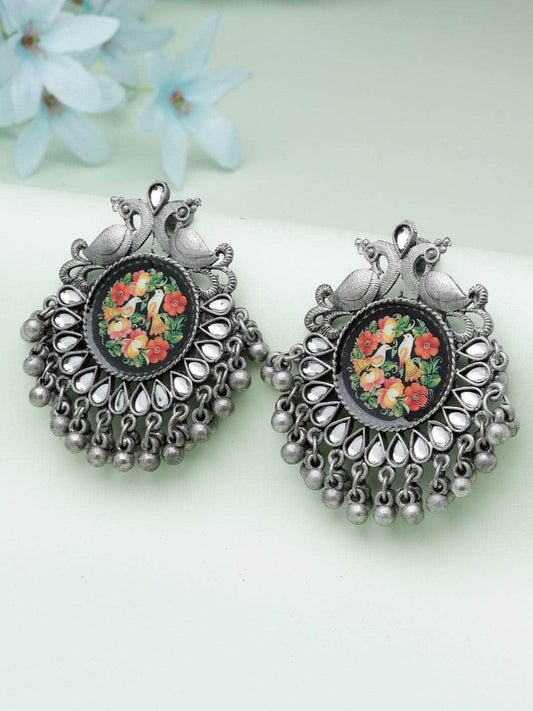 Stones & Ghungroo Studded Meenakari Work Oxidised Silver Plated Antique Tribal Studs