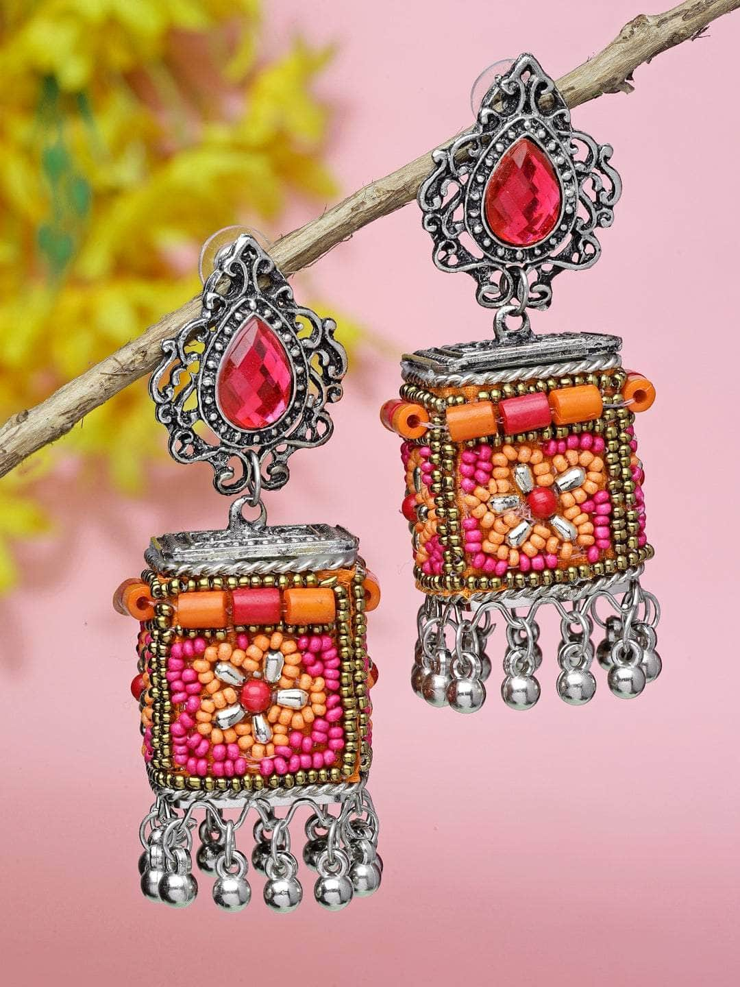 Pink Orange Beads & Stones Studded Oxidised Silver Plated Handcrafted Afghan Jhumkas