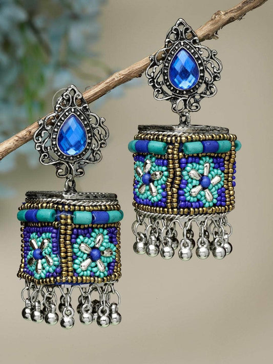 Blue Beads & Stones Studded Afghan Design Oxidised Silver Plated Handcrafted Jhumkas