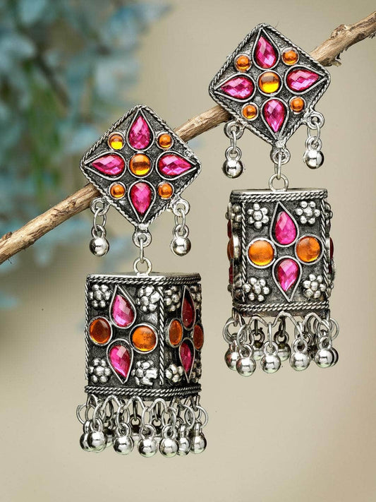 Pink Orange Stones Studded Afghan Design Oxidised Silver Plated Tasselled Jhumkas