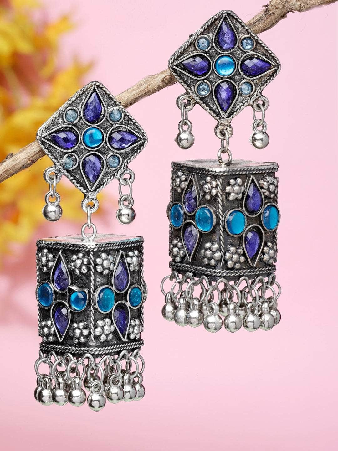 Blue Stones Studded Afghan Design Oxidised Silver Plated Tasselled Jhumkas