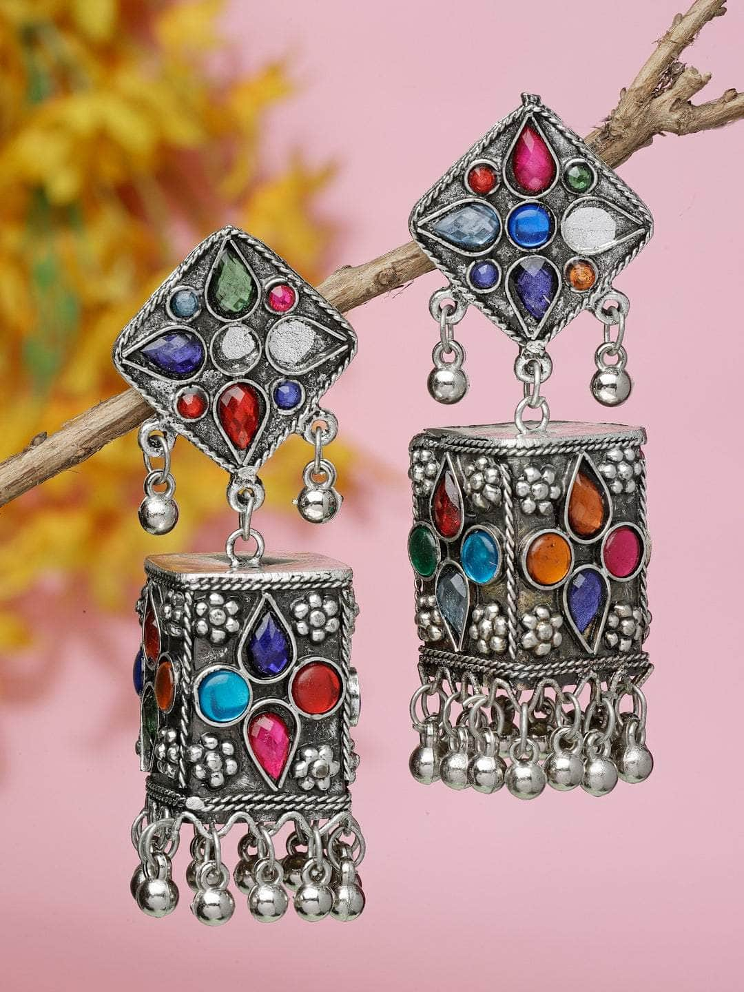 Multi Stones Studded Afghan Design Oxidised Silver Plated Tasselled Jhumkas