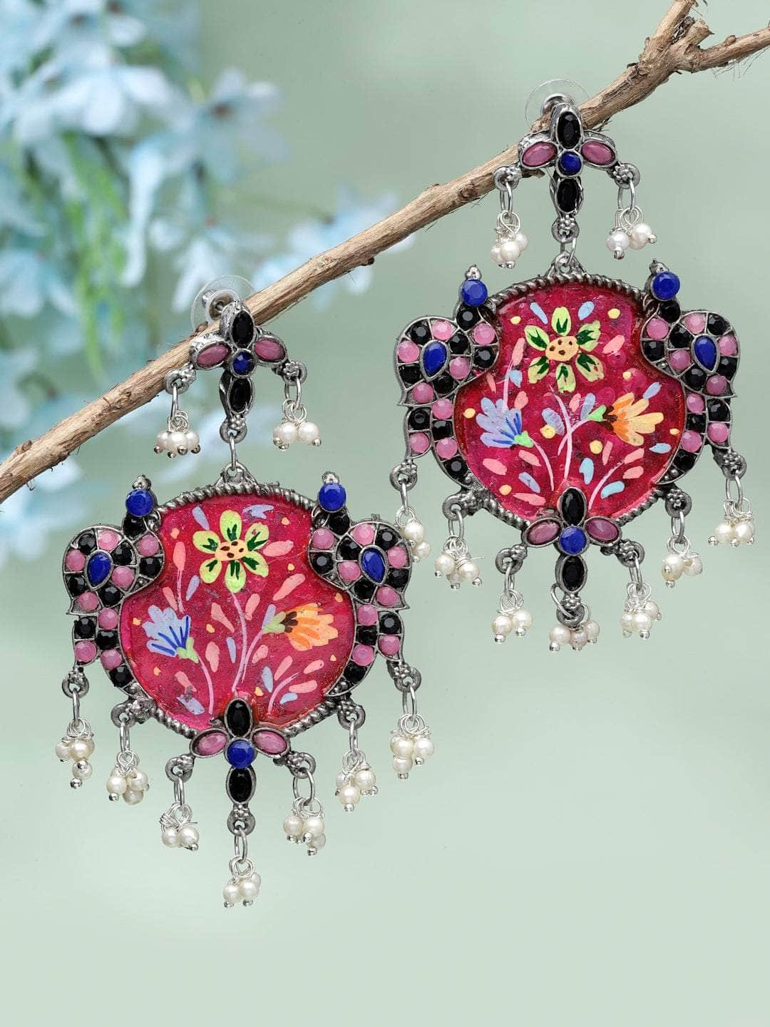 Handcrafted Meenakari Work Stones Studded Tassell Design Oxidised Silver Plated Earrings