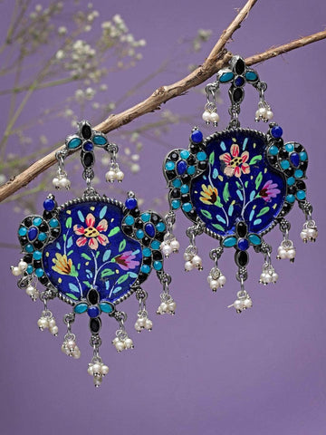 Handcrafted Meenakari Work Stones Studded Tassell Design Oxidised Silver Plated Earrings