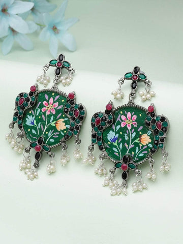 Handcrafted Meenakari Work Stones Studded Tassell Design Oxidised Silver Plated Earrings (Copy)