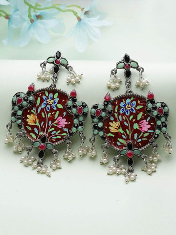 Handcrafted Meenakari Work Stones Studded Tassell Design Oxidised Silver Plated Earrings