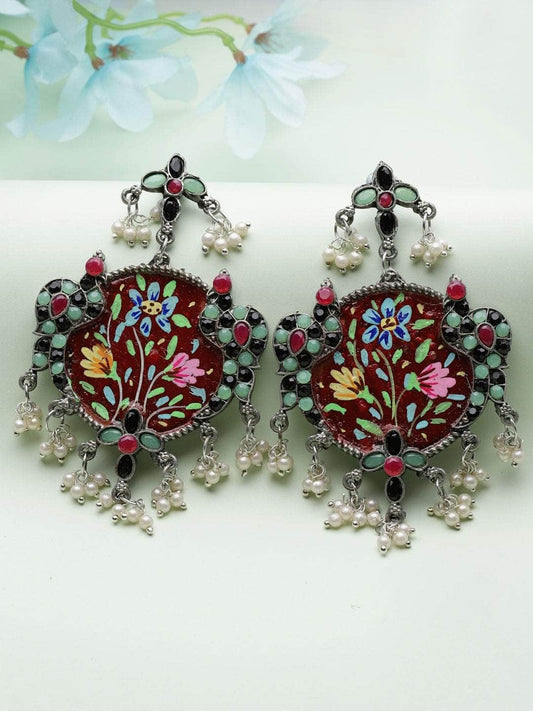 Handcrafted Meenakari Work Stones Studded Tassell Design Oxidised Silver Plated Earrings