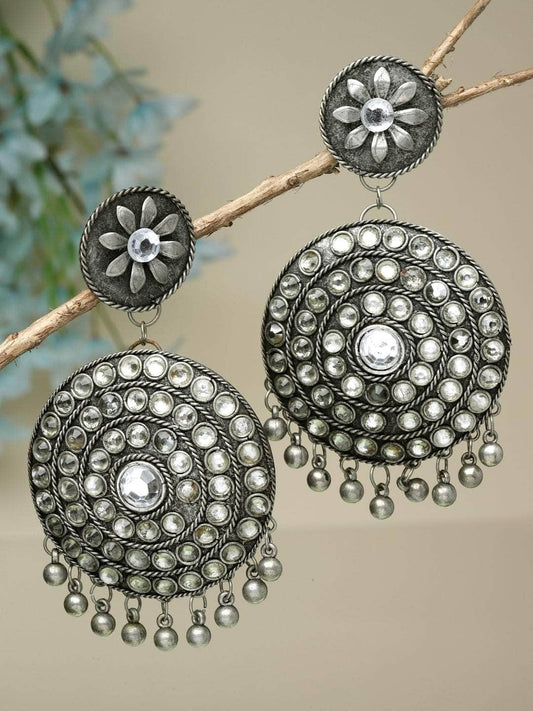 Stones & Ghungroo Studded Antique Tribal Design Oxidised Silver Plated Earrings