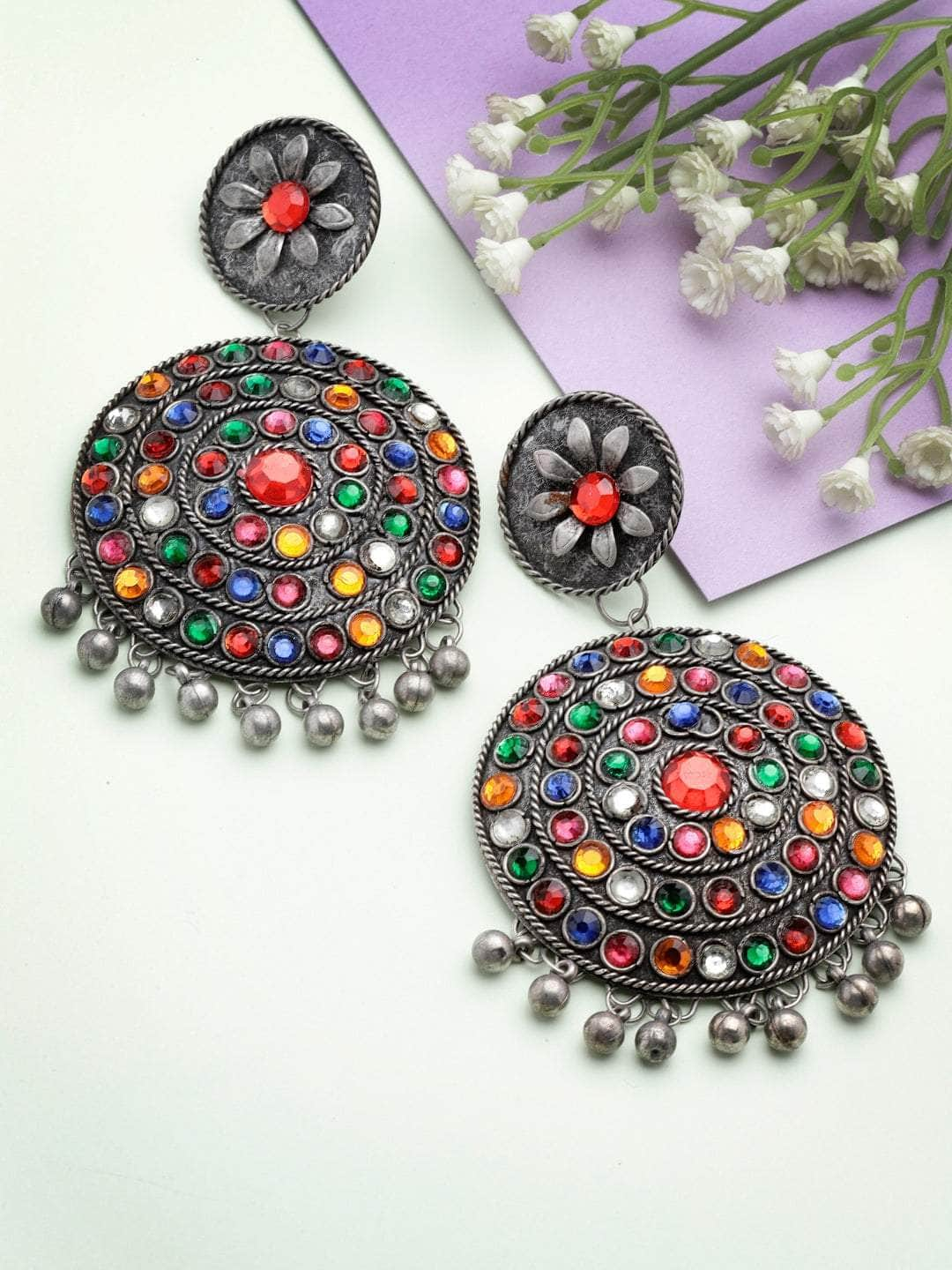 Stones & Ghungroo Studded Antique Tribal Design Oxidised Silver Plated Earrings