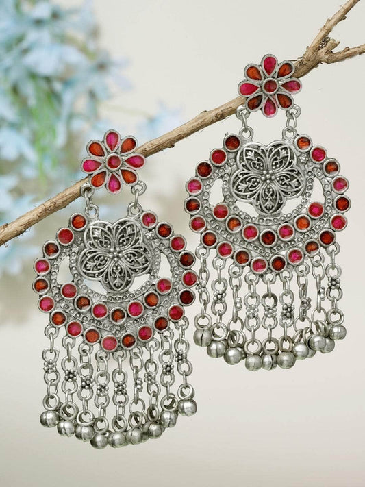 Meenakari Work Ghungroo Studded Antique Tasselled Design Oxidised Silver Plated Earrings