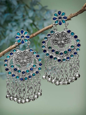 Meenakari Work Ghungroo Studded Antique Tasselled Design Oxidised Silver Plated Earrings