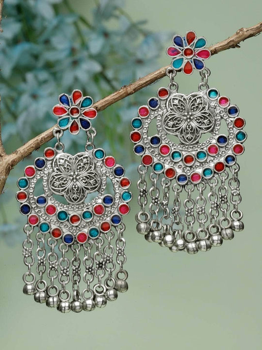 Meenakari Work Ghungroo Studded Antique Tasselled Design Oxidised Silver Plated Earrings