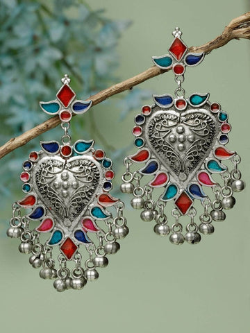 Meenakari Work Ghungroo Studded Antique Design Oxidised Silver Plated Tribal Earrings