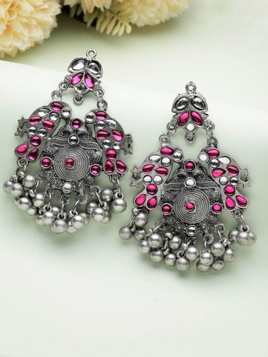 Stones & Ghungroo Studded Antique Design Oxidised Silver Plated Tribal Earrings