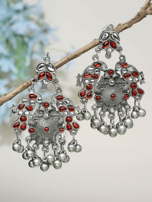 Stones & Ghungroo Studded Antique Design Oxidised Silver Plated Tribal Earrings