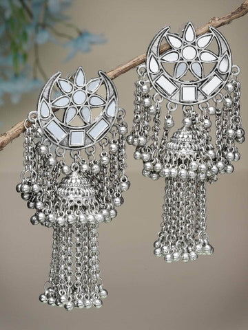 Handcrafted Mirrors Studded Tasselled Design Oxidised Silver Plated Jhumkas