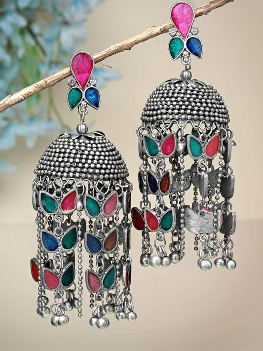 Meenakari Work Afghan Tasselled Design Oxidised Silver Plated Handcrafted Jhumkas