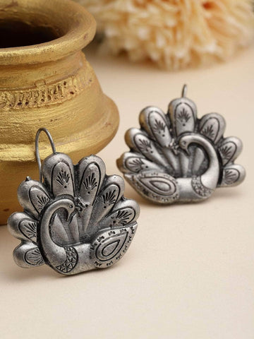 Peacock Shape Antique Design Oxidised Silver Plated Studs