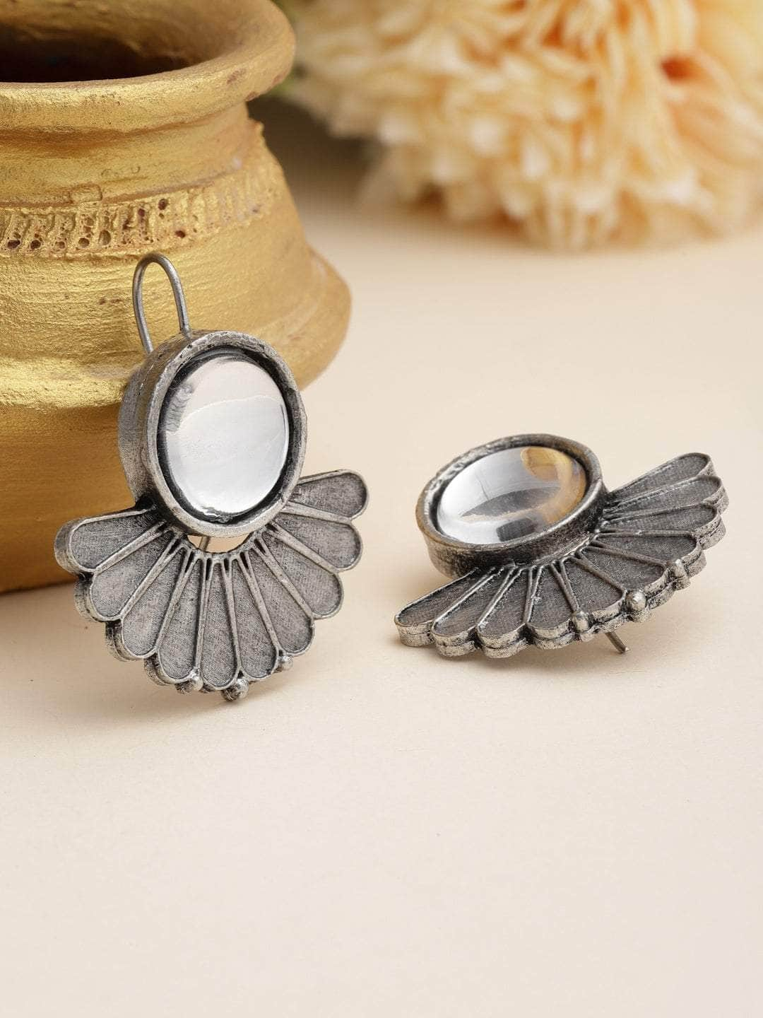 Mirror Studded Floral Shape Antique Design Oxidised Silver Plated Studs