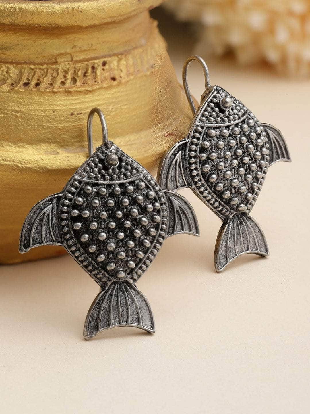 Fish Shape Antique Design Oxidised Silver Plated Studs