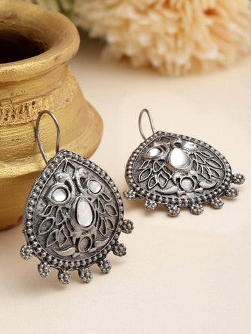 Stones Studded Teardrop Shape Antique Design Oxidised Silver Plated Studs