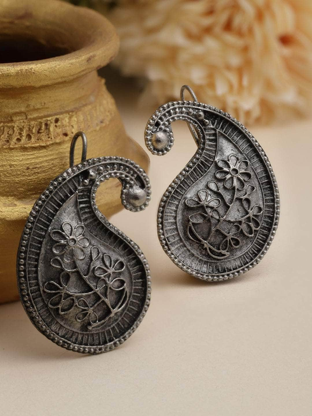 Paisley Shape Antique Floral Design Oxidised Silver Plated Studs