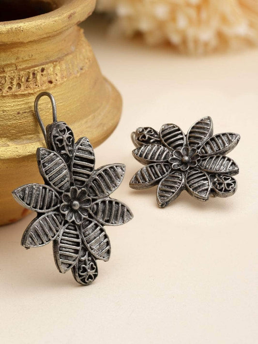 Antique Floral Design Oxidised Silver Plated Studs