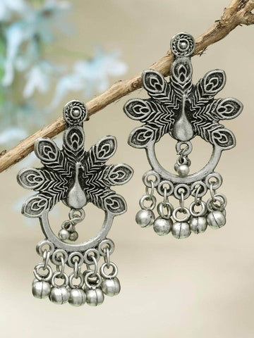 Ghungroo Studded Peacock Design Oxidised Silver Plated Antique Studs