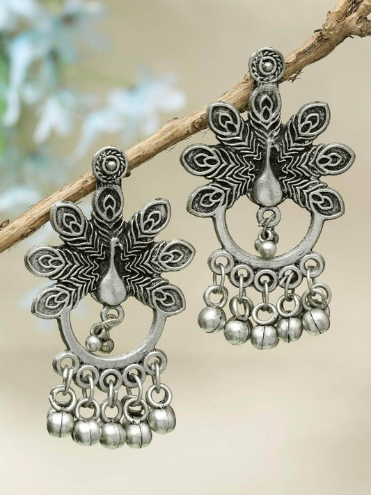 Ghungroo Studded Peacock Design Oxidised Silver Plated Antique Studs