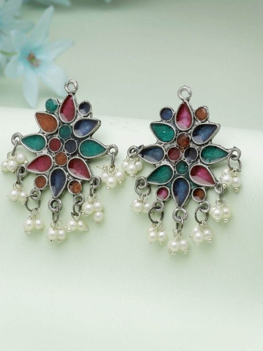 Meenakari Work Floral Design Oxidised Silver Plated Antique Studs