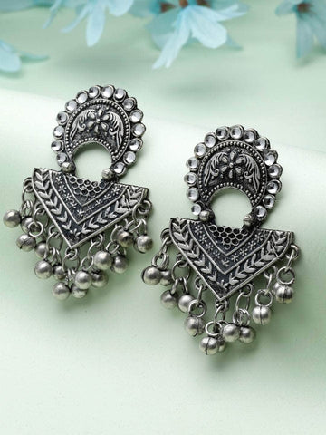 Ghungroo & Stones Studded Antique Design Oxidised Silver Plated Chandbalis