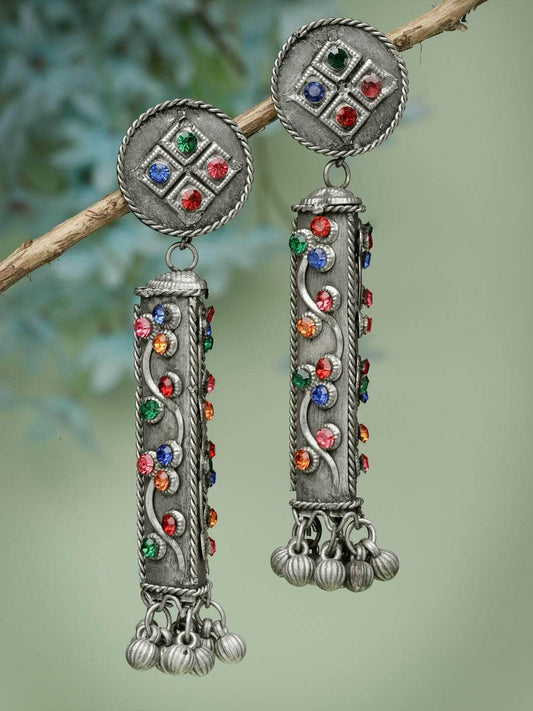 Ghungroo & Crystals Studded Antique Tribal Design Oxidised Silver Plated Jhumkas