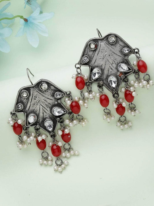 Stones & Pearls Studded Tasselled Design Oxidised Silver Plated Handcrafted Studs