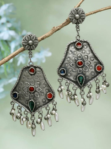 Pearls Studded Meenakari Work Antique Tribal Design Oxidised Silver Plated Earrings