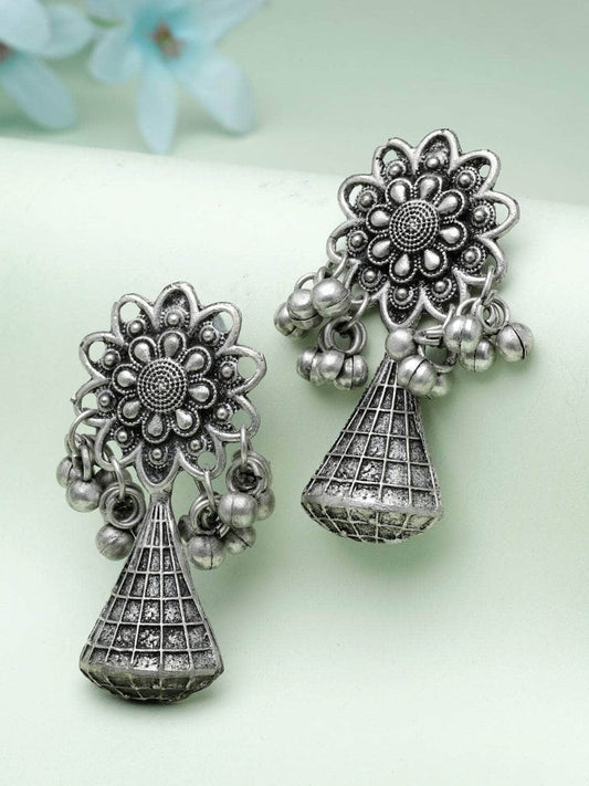 Filigree Work Floral Design Oxidised Silver Plated Antique Earrings